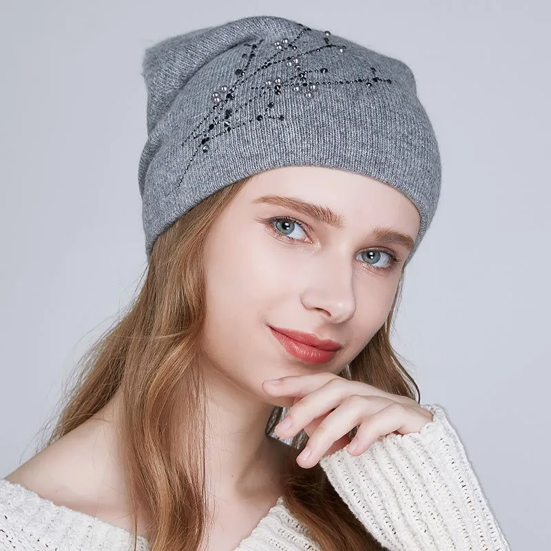 dark gray Стразы, вязаные шапки для женщин, зимние теплые шапки из Ангорского Кролика, женские повседневные кепки, капоры Gorro - Цвет: dark gray