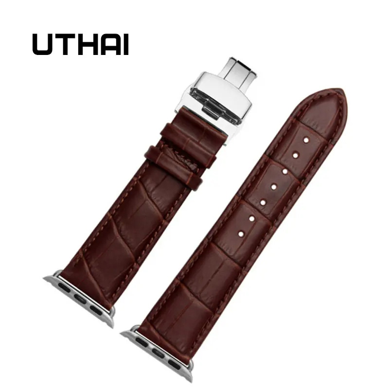 Коричневый UTHAI A05 ремешок из натуральной кожи для Apple Watch 42 мм 38 мм 44 мм 40 мм сменный ремешок для iWatch 4 3 2 1 браслет - Цвет ремешка: Коричневый