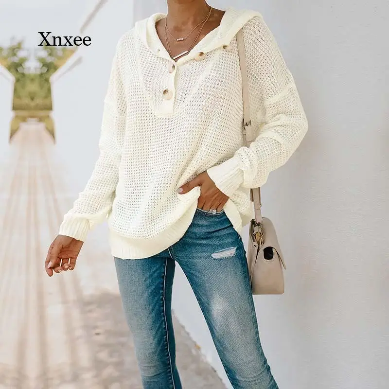 

2021 Women Knitted Pullover Tops Autumn Solid Hooded Sweater Fashion Long Sleeve Strretwear Casual Female Oversize Jumpers