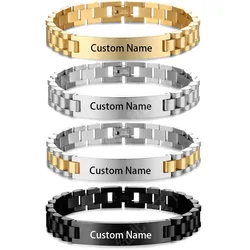 GoldButterfly Engravable Name Bracelet Gold Tone Stainless Steel Mens ID Bracelets Free Engraving Laser Name Date Customize Gift