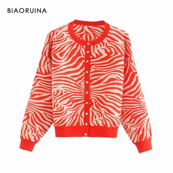 

BIAORUINA Women's Red Zebra-striped Single Breasted Knitted Cardigan Round Neck Female Sweet Oversized Sweater New Arrival