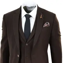 Коричневый твидовый костюм из 3 предметов в елочку, шерстяной твид, винтажный деловой пиджак, жилет, брюки, Смокинги на заказ для свадьбы