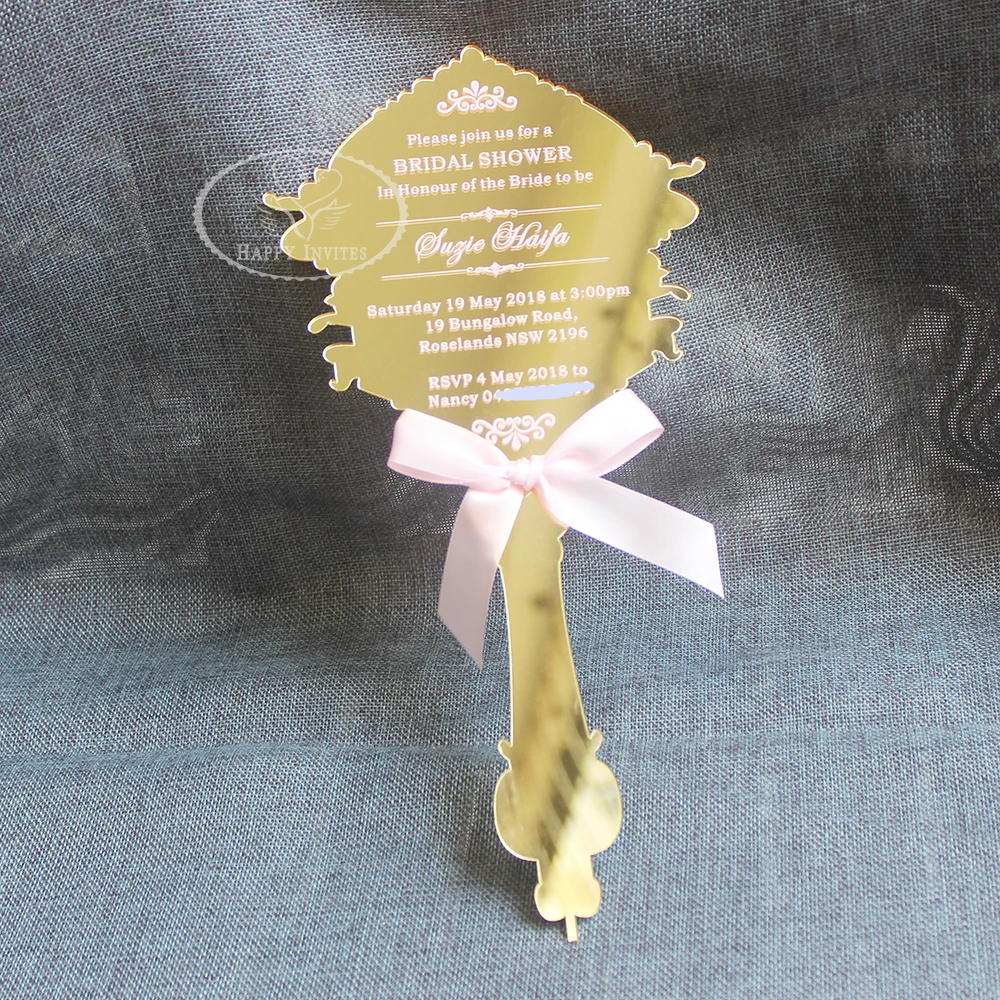 HI4053-14 Customized Gold Mirror Wedding Invitation Card with Pink Printing