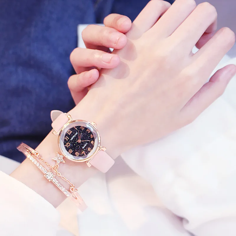 montre dame 2020 Casual Women Watches Bracelet Set Starry Sky Ladies Bracelet Watch Leather Quartz Wrist Watch Clock