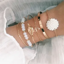 6 шт./компл., модные пляжные браслеты, ракушки, цветок, кристалл, бисер, Геометрическая цепной золотой браслет, набор, женские вечерние ювелирные изделия, аксессуары