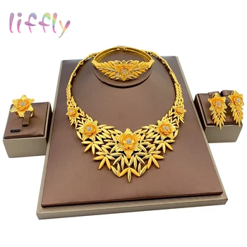 

African Bridal Dubai Gold Jewelry Sets for Women Charm Indian Necklace Bracelet Ring Earrings Nigeria Wedding Jewelry Set