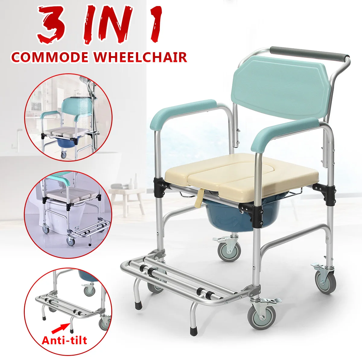 

3 in1 Commode Wheelchair Toilet Shower Seat Potty Bathroom Rolling Chair Lightweight Foldable Durable Waterproof Soft Cushion