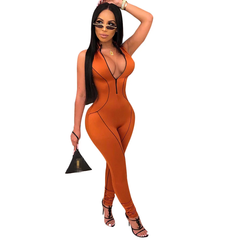 Wjustforu Sexy Club Leather Jumpsuit Women V Neck Hollow Out Bodycon