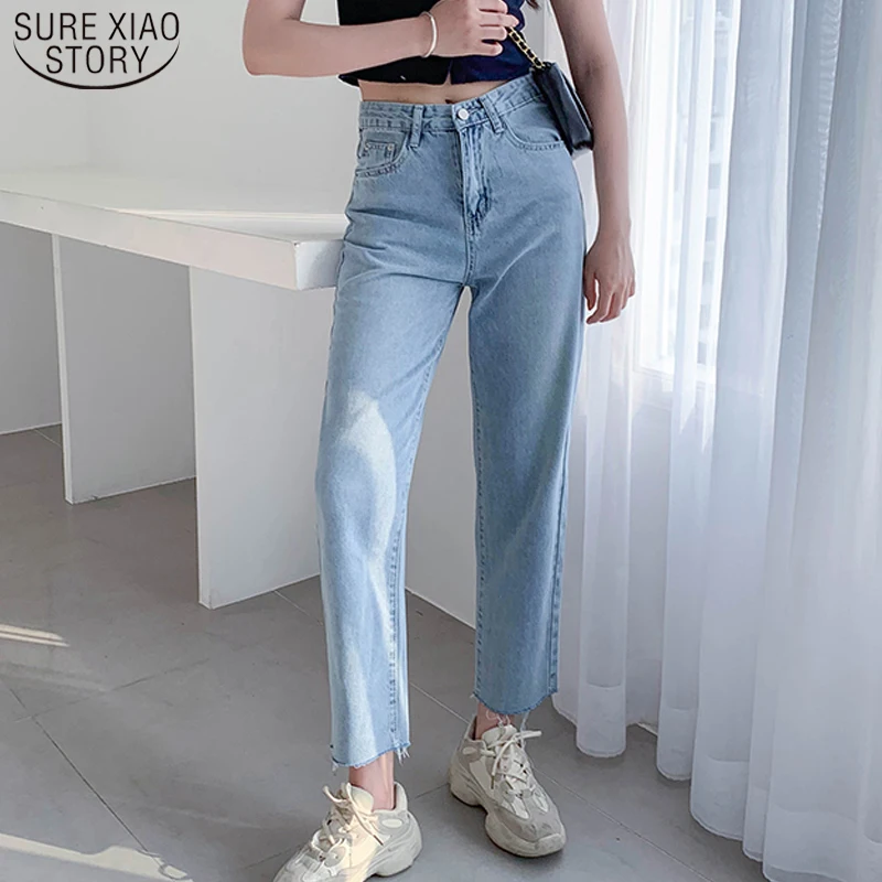 Spring Summer Women Pants Light Blue Denim Jeans 2020 Fashion Casual Straight High Waist Trousers Pants for Women Jeans 9658