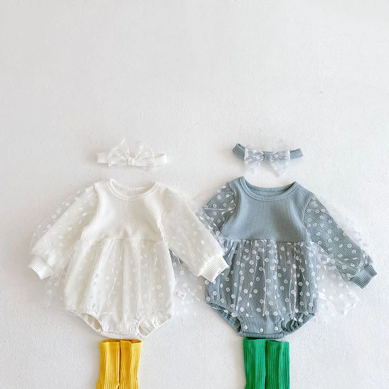 Spring Baby Girls Lace Bodysuits One Piece Daisy Embroidery