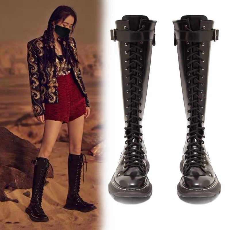 women new winter thick bottom Knight knee martin boots ladies fashion strap high tube Plush boots