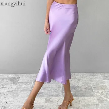 

Light Purplr Faux Silk Long Skirt Women Summer High Waist A Line Skirts Ladies Elegant Fashion Package Hip Skirt Womens Clothing