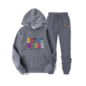 

2019 Hoodeds tracksuit Men Casual Autumn Winter Warm Pullover Fashion ASTROWORLD Print set hooded sweater and pants streetwear