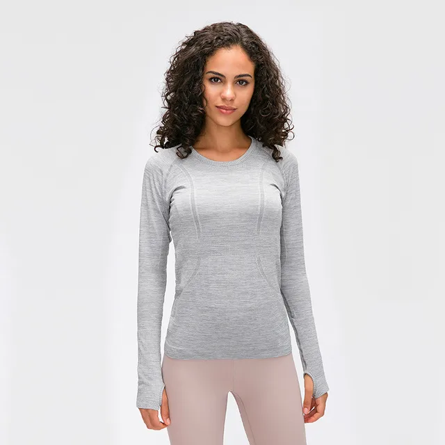Lulu Fitness Women's Sports Long Sleeve Yoga Shirt Top Round Neck Blouses Slim Breathable Gym Clothing Thumb Jack Custom Logo Light  grey