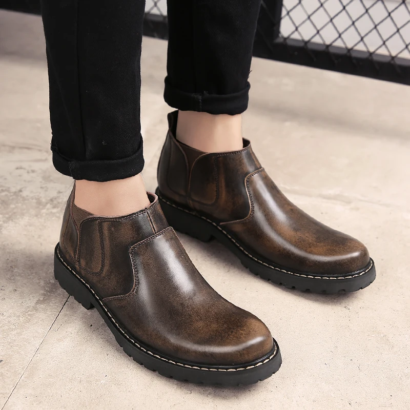 

Genuine Leather Boots Men 2019 Spring Fashion Ankle Boots Mens Slip-on Breathable Casual Shoes Male Business High Top Men Shoe