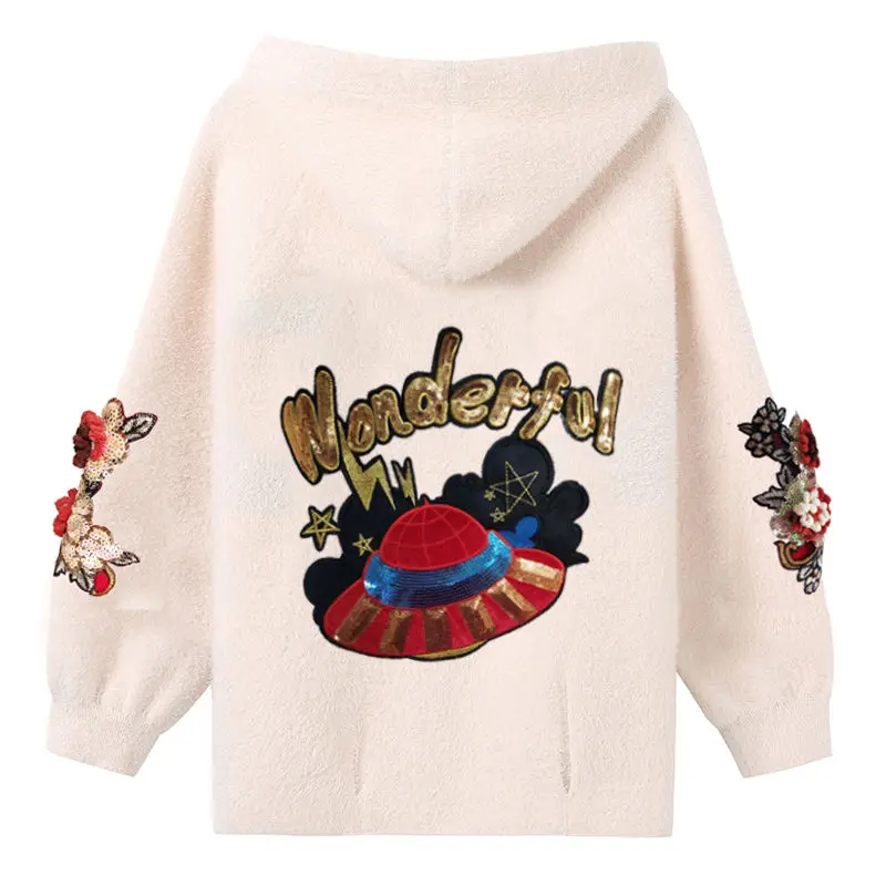 

2019 jacket female autumn and winter models short hooded long-sleeved solid color embroidery wonderful cardigan sweater women