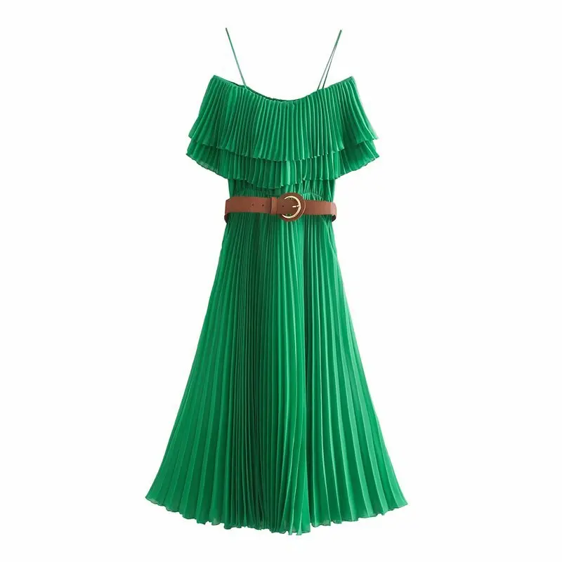 zara green dress with belt