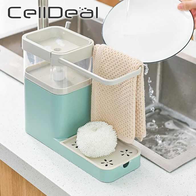 

Kitchen Storage Shelf 3-in-1 Soap Dispenser Towel Rack Sponge Holder Bathroom Multifunctional Cleaning Towel Organizer Tool