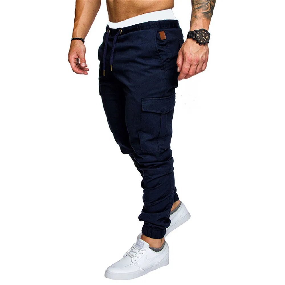 Джоггеры узкие брюки боковые спортивные брюки с карманами мужские хип хоп однотонные тонкие брюки осенние новые мужские повседневные Модные хлопковые спортивные брюки - Цвет: Navy blue