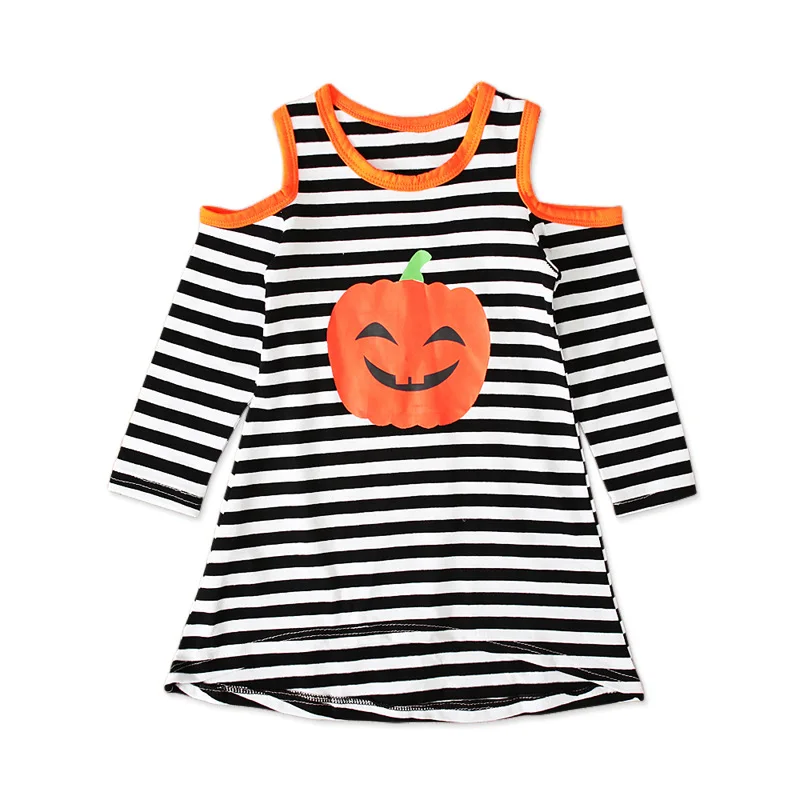

Kids Girls Halloween Cute Pumpkin Pattern Print Costume Long Sleeves Off the Shoulder Stripe Fashion Dresses For Child Autumn