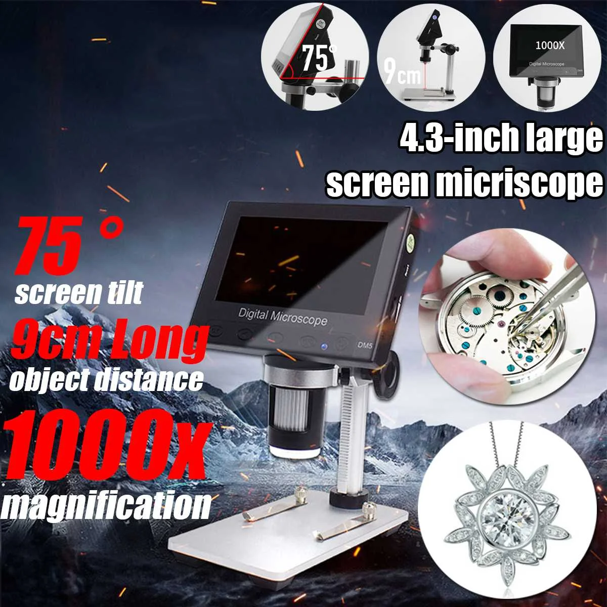 

1000x 2.0MP USB Digital Electronic Microscope DM5 4.3"LCD Display VGA Digital Microscope LED Stand for PCB Motherboard Repaire