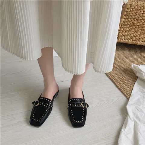 

Lazy Closed-toe Semi-Trailing Shoes Women's Outer Wear Flat Versitile Fashion Square Head Online Celebrity England Half Single S