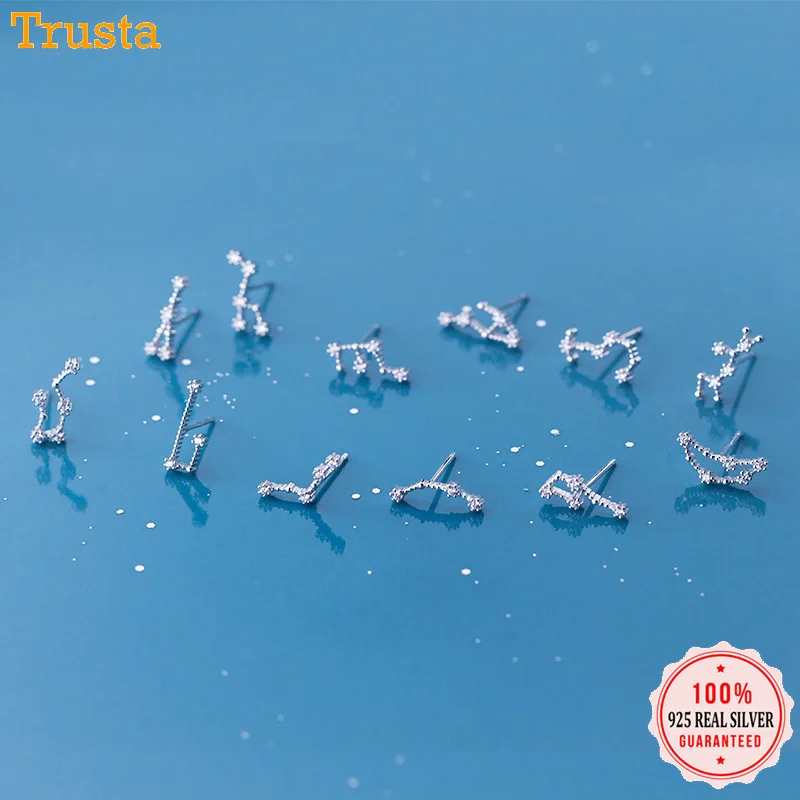 Stud-Earrings Jewelry Birthday-Gift Trustdavis Girls 12-Constellation Real-Sterling-Silver