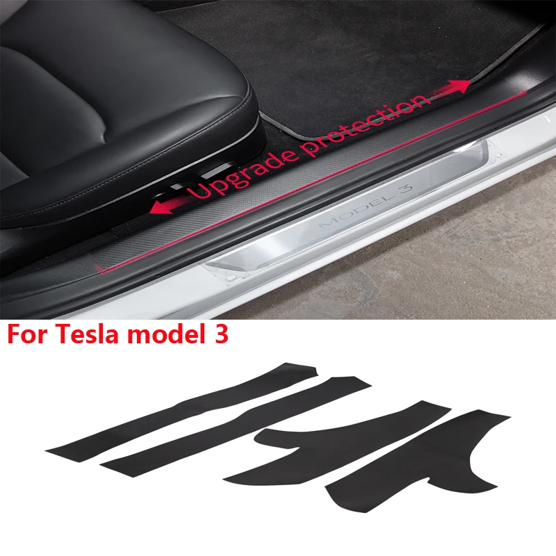 Car Leather Front Rear Door Sill Protective For Tesla model3 Threshold bar foot pedal anti-step kick pad car styling4PCS | Автомобили и