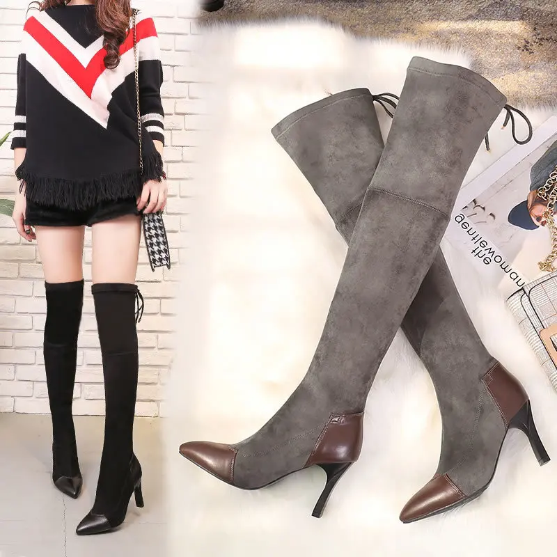 

2019 Autumn And Winter Europe And America over-the-Knee Stretch Boots Pointed Toe Mixed Colors Boots High Heel Thin Heeled Signi