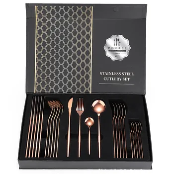 

24PCS Rose Gold Tableware Set Fork Spoon Knife Kitchen Cutlery Set 304 Stainless Steel Dinnerware Dinner Set Holiday Gift Box