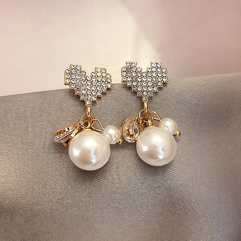 S925 Серебряная игла корейские серьги в форме сердца циркониевый жемчуг кулон