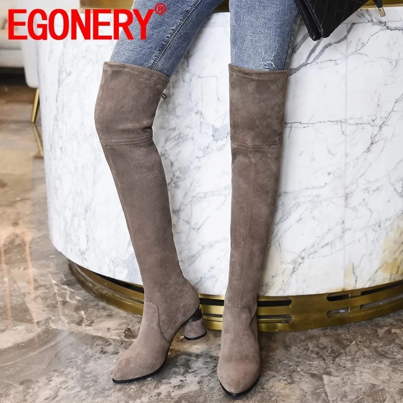 

EGONERY winter new fashion sexy over knee boots outside high heels round toe flock office women shoes drop shipping size 33-40