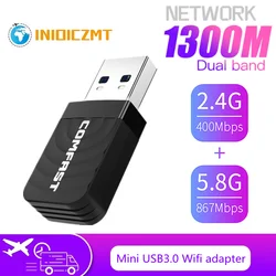 INIOICZMT 1300Mbps Mini USB3.0 Wifi adaptateur réseau Wifi carte double fréquence 5.8G/2.4GHz sans fil AC adaptateur USB adapté pour PC 