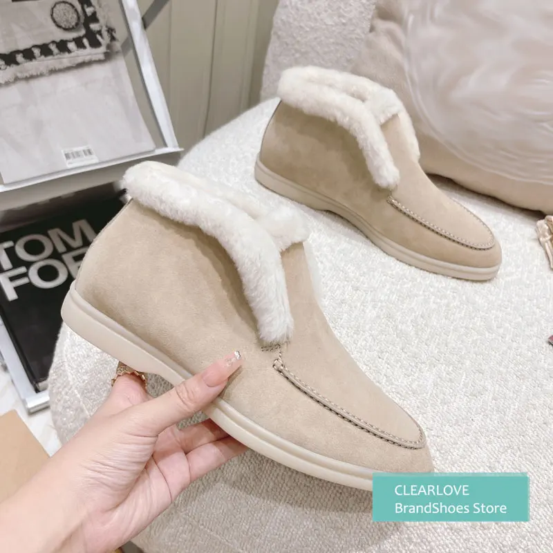 женские лоферы на меху Новинка Зима 2021 loro piano shoesБотильоны ботинки из коровьей
