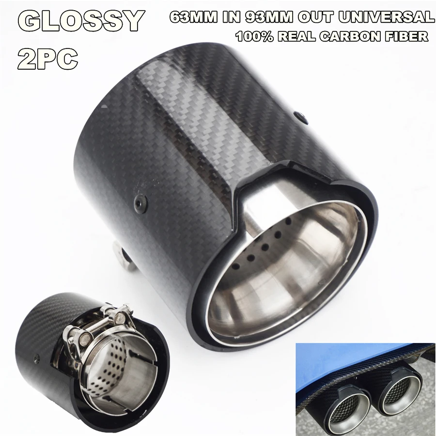2Pcs Universal 63MM Air inlet OD 93MM OUT Glossy 100% Real Carbon Fiber Exhaust tip for M Performance