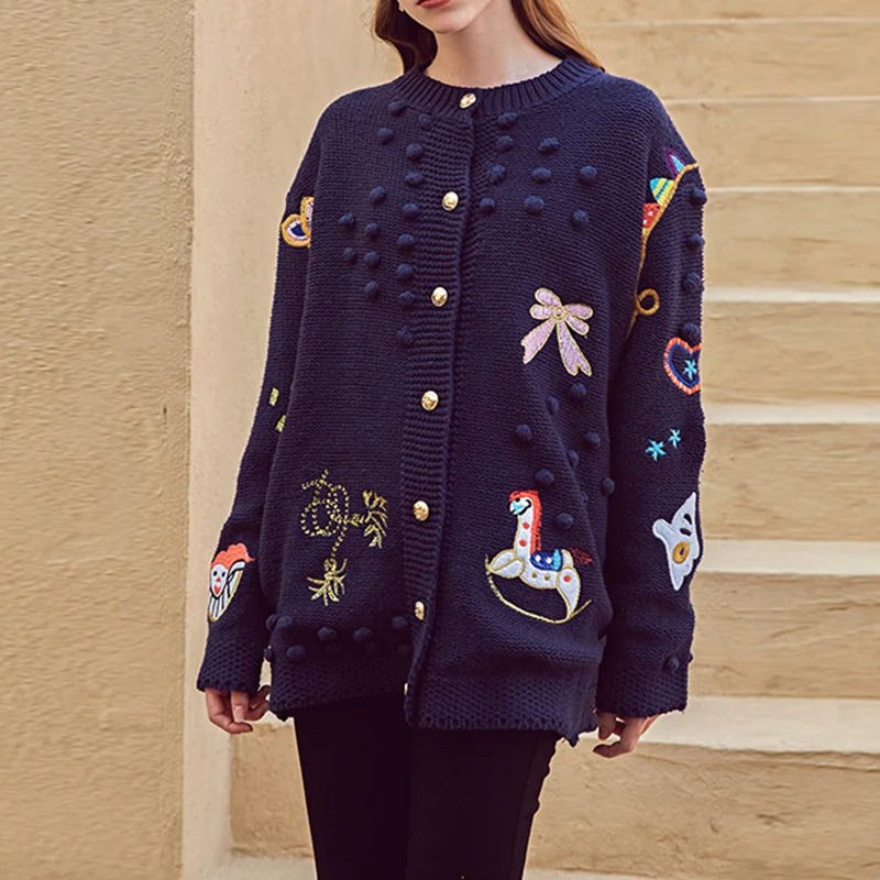 #^Special Price 2019 Winter Thick Warm Long Cardigan Chic Cartoon Embroidery Single Breasted Long Sleeve Women Cardigan Christmas Sweater Coat