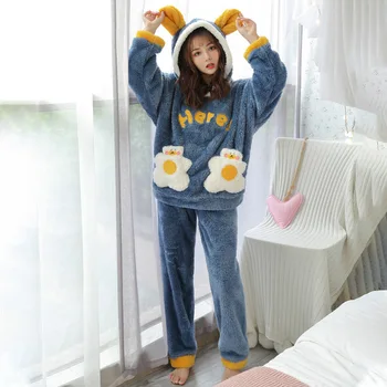 

Flannel Letter Cute Cartoon Women's Pajama Set Home Clothes 2 Pieces Sets Hooded Female Homewear Winter Sweet Lady Sleepwear