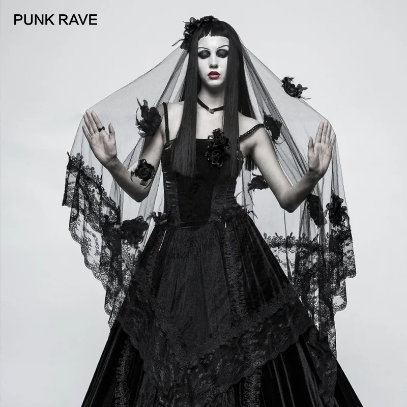 

PUNK RAVE Gothic Women Headwear Bridal Mysterious 3D Rose Flower Punk Wedding Long Black Lace decoration Victorian Veil
