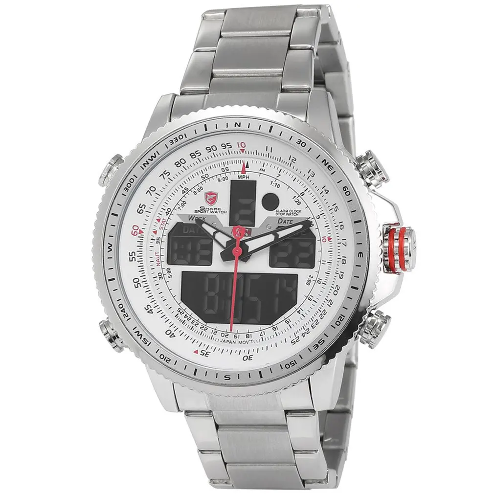 White SH329N Серия Winghead Акула для Мужчины Серебристый Чёрный Циферблат ЖК-Дисплей Двойное Движение Времени Даты Будильник Секундомер Нержавеющий Стальной Ремешок Спортивные Мужские Наручные Часы/ SH325 - Цвет: White SH329N
