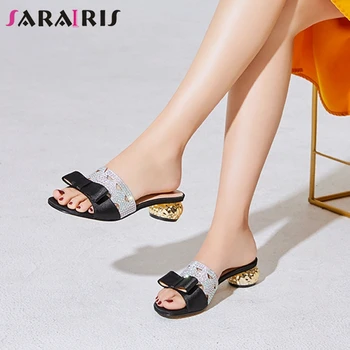 

SARAIRIS Genuine Leather Lady Summer Sandals Rhinestone Slip On Butterfly Knot Round Heels Slippers Women Outdoor Shoes Woman