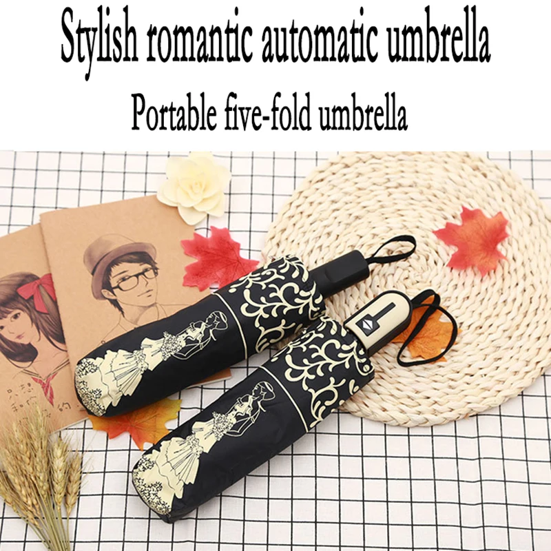 

New high Quality Korean Cute Princess Folding Ladies Automatic Umbrella Black Plastic Coating Sunscreen Super Light Umbrella Umb