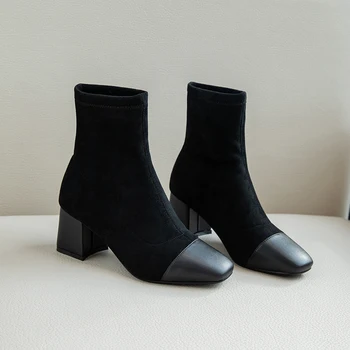 

Brand Womens Boots Autumn Winter Shoes Woman patchwork square Toe Retro High Quality Ladies Shoes Female Ankle Boots size 42 43