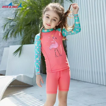 

Girls Swimming Diving Suit Two Piece Kids Quick-dry Children Swimsuit Water Sports Long-Sleeve UV Protection Swimwear Snorkeling