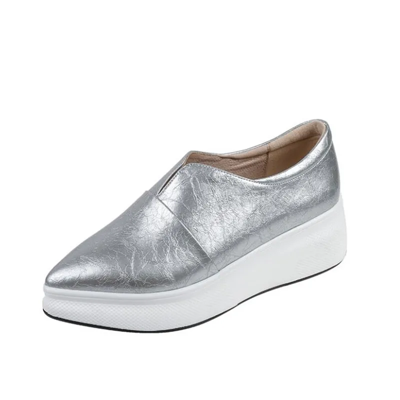 

Casual thick-soled new leather wedge single shoes women gold silver pointed spring and autumn platform shoes for women