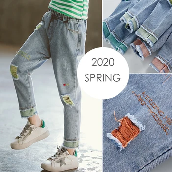 

2020 Kids Ripped Jeans Girls Jeans Cotton Spring Autumn Casual Streetwear Denim Pencil Pants for 4 10 12 Years Children Clothes