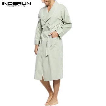 

INCERUN Men Solid Bathrobes Leisure Short Sleeve V Neck Bathrobe Causal Pockets Sleepwear Nightgown Cozy Lace Up Nigthgown S-5XL