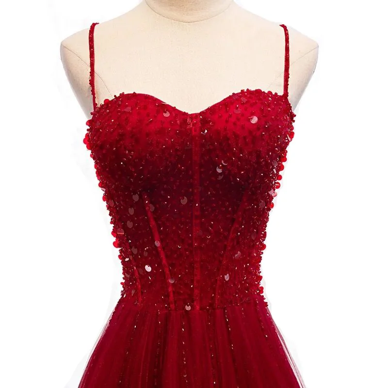 Robe De Soiree Новое бордовое А-образное сексуальное обтягивающее на бретельках с блестками бисерные Вечерние платья Длинные вечерние платья 2019