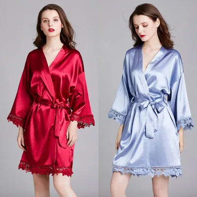 

New spring women long-sleeved large size silk home yukata pajamas / solid color women one size lace nightgown