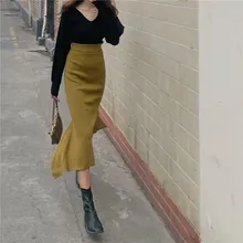 Эластичная приталенная юбка-Русалка с высокой талией, длинная осенне-зимняя юбка с боковыми разрезами, драпировка, длинная юбка Falda Larga Gonne goning Saia