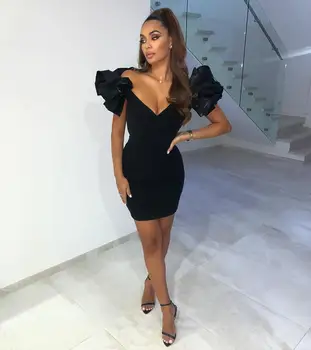 

CIEMIILI new winter women dress 2019 sexy puff sleeve black solid v-neck skinny evening party lady bandage mini dress